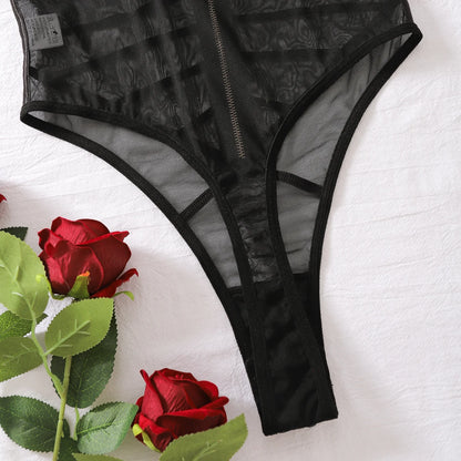 2024 New Fashionable and Sexy Lace Mesh Embroidered Transparent V-neck Mischievous Temptation Style Strap jumpsuit