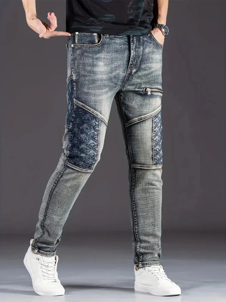 Streetwear Men's Motorcycle Jeans Stretch Nostalgic Fashion Casual Denim Trousers Slim Straight Patchwork Washed Cowboy Pants