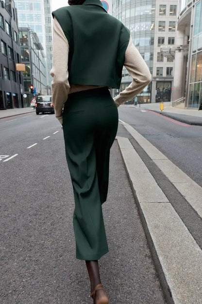High Waist Wide Leg Pants Zipper Decoration Short Sleeve Turn-down Collar Single Pocket Decoration Fashion Set for Women