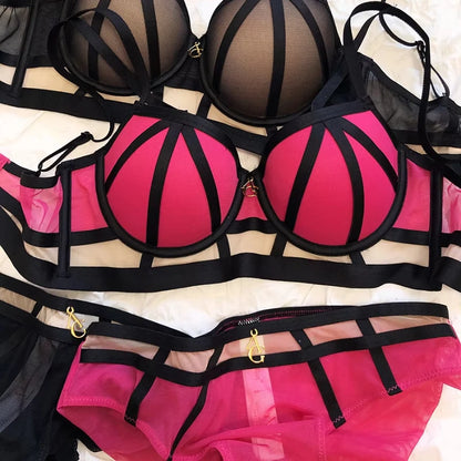 2 Pieces Women's Sexy Bandage Bra Set Europe Underwear Lace Hollow Push Up Brassiere Romantic Rose Bras and Panties Lingerie Set