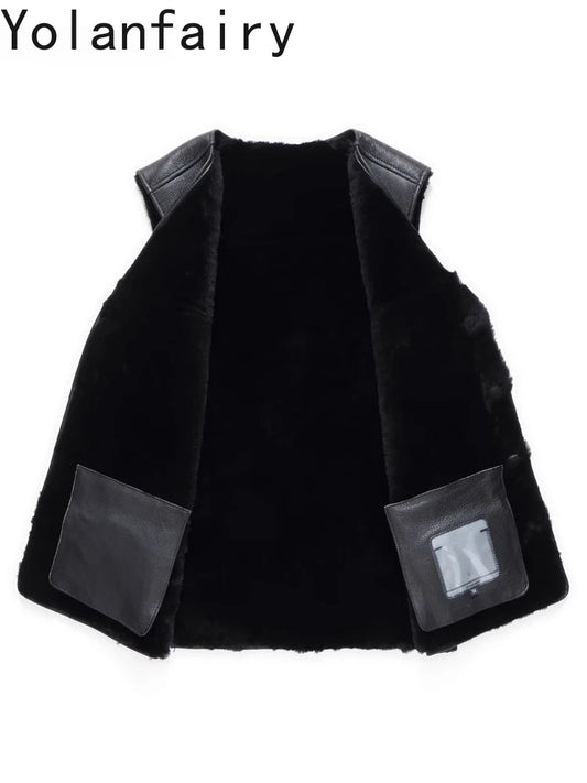 YOLANFAIRY Natural Sheepskin Leather Jacket Man Winter 2025 Sleeveless Real Wool Fur Coat Men's Short Black Vest Warm Waistcoat