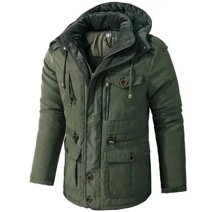 2025 Winter Men's American Fashion Versatile Hooded Cotton Jacket Thickened Multi Pocket Casual Simple Medium Length Top Coats