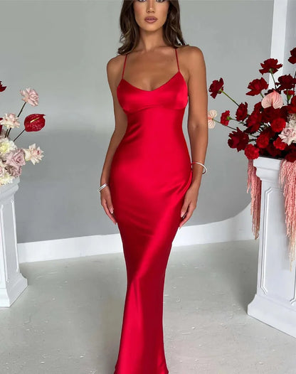 New Fashion Backless Women's Evening Dresses Slash Neck Spaghetti Strap Satin Dress Spring and Summer High Waist Slim Lady Dress