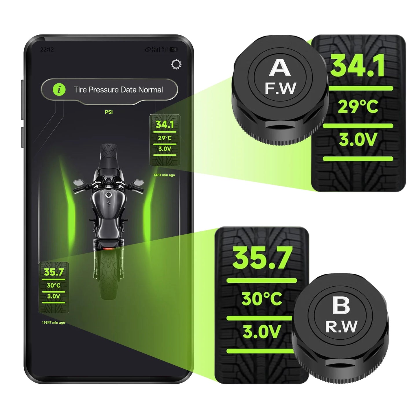 Motorcycle TPMS, Bluetooth 5.0 APP Real-Time Pressure & Temperature Alarm, IP67 Waterproof for Motorbike Scooter ATV