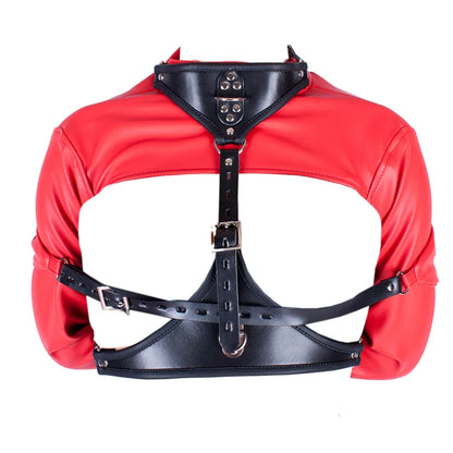 Black Leather Exposed Nipples Bra Arm Restraints Sleeve Adult SM Training Toys Bdsm Collar Body Harness Bondage Straight Jacket