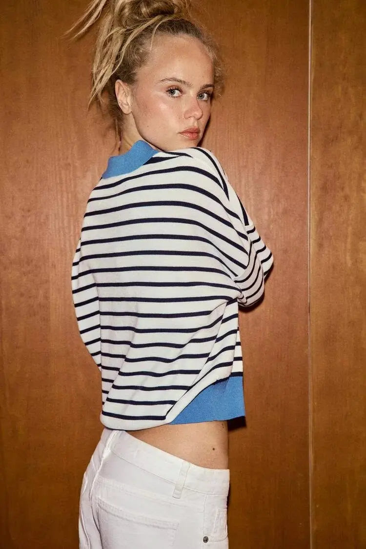 Spring Summer New Women's Knitted Stripe  Shirt Versatile ZR Style Fashion Classic Business Casual Long Sleeve Polyester