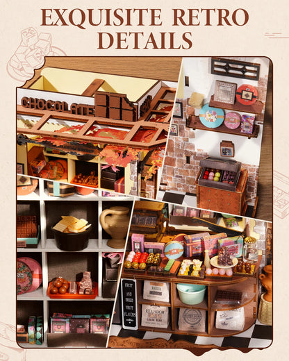 Rolife Henry's Chocolate DIY Miniature House Kit  Wooden Dollhouse Model Building Kit With LED Craft Gifts for Adults