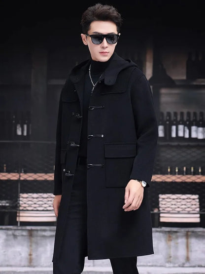 Mens 100% Wool Trench Overcoat Vintage Horn Button Hooded Long Coat Double Faced Sheep Fur Loose Fit Windbreaker Woolen Blends