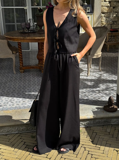 Blubelle Women's Two-piece Outfit 2026 New Design with Lace Up Sleeveless Vest and Wide Leg Pants Summer Matching Set