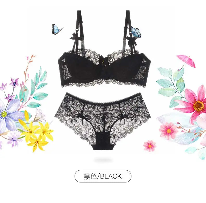 Sexy French Lace Push Up Bra Set for Small Chest, Anti Sagging Half Cup Demi Bra & Panty Lingerie Set, Sheer Adjustable Straps