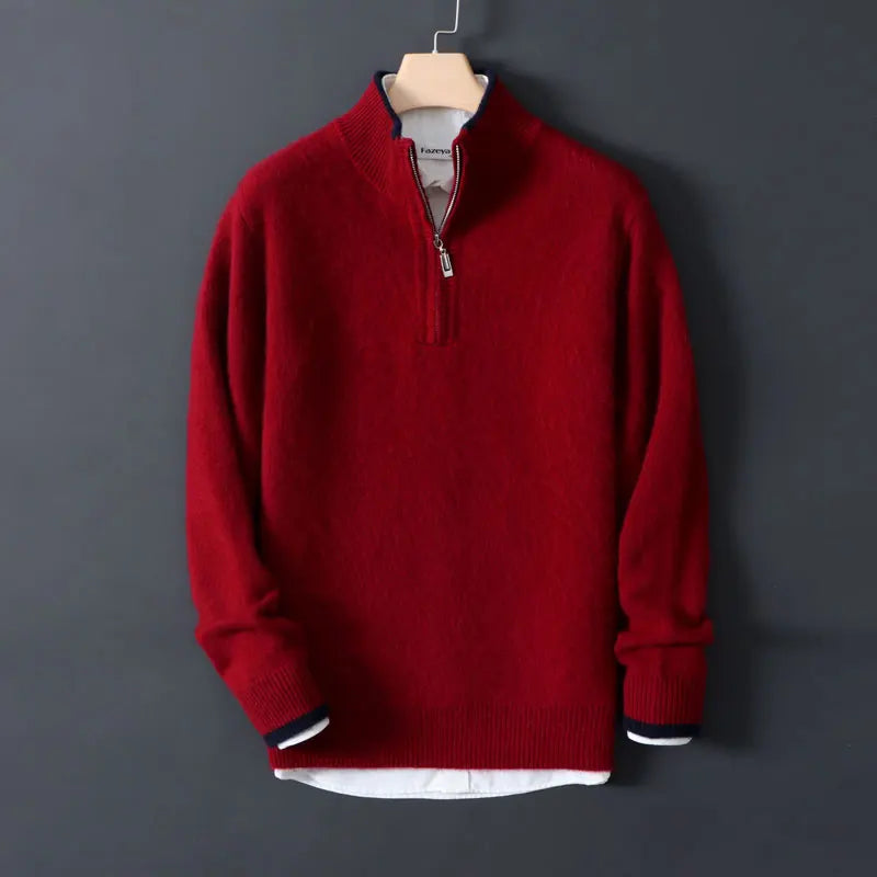 Half-high zipper cashmere sweater men's color-blocking thickened sweater loose business casual 100% pure cashmere knitted