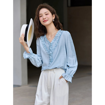 VIMLY Women‘s Versatile Blouses 2026 Spring New French Style V Neck Ruffle Trim Loose Fit Elegant Daily Long Sleeve Shirt A3838