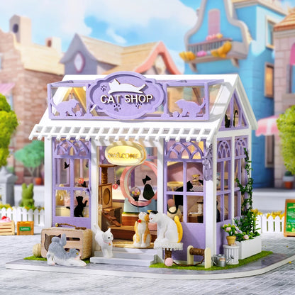 Wooden Miniature Doll House 3D Puzzle Assembly Building Model Kit Cat Shop Small Room Toys Home With Furniture Birthday Gifts