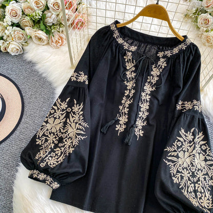 Bohemian Vacation Style Women's Shirt round Neck Lantern Sleeve Embroidery Heavy Work Autumn Design Sense Knot Design Top