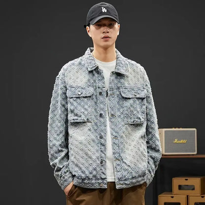 Fashionable Premium Jacquard Washed Denim Jacket for Men - Autumn New Arrival American Vintage Distressed Streetwear Style