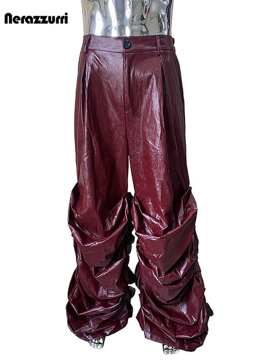 Nerazzurri Autumn Extra Long Soft Flowy Baggy Pu Leather Wide Leg Stacked  Pants for Men Luxury Designer Punk Style Streetwear