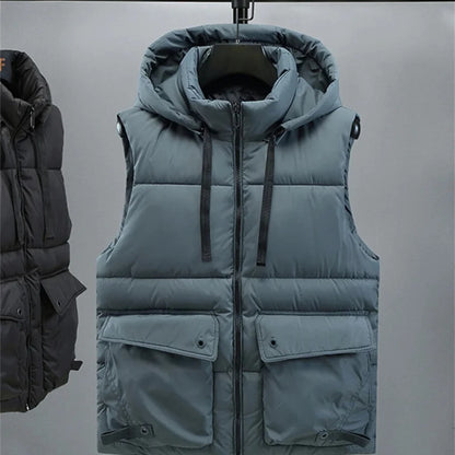 Men's Hooded Vest Winter Zipper Warm Stand Collar Waistcoat Men Cotton Padded Sleeveless Jackets with Big Pockets 2025
