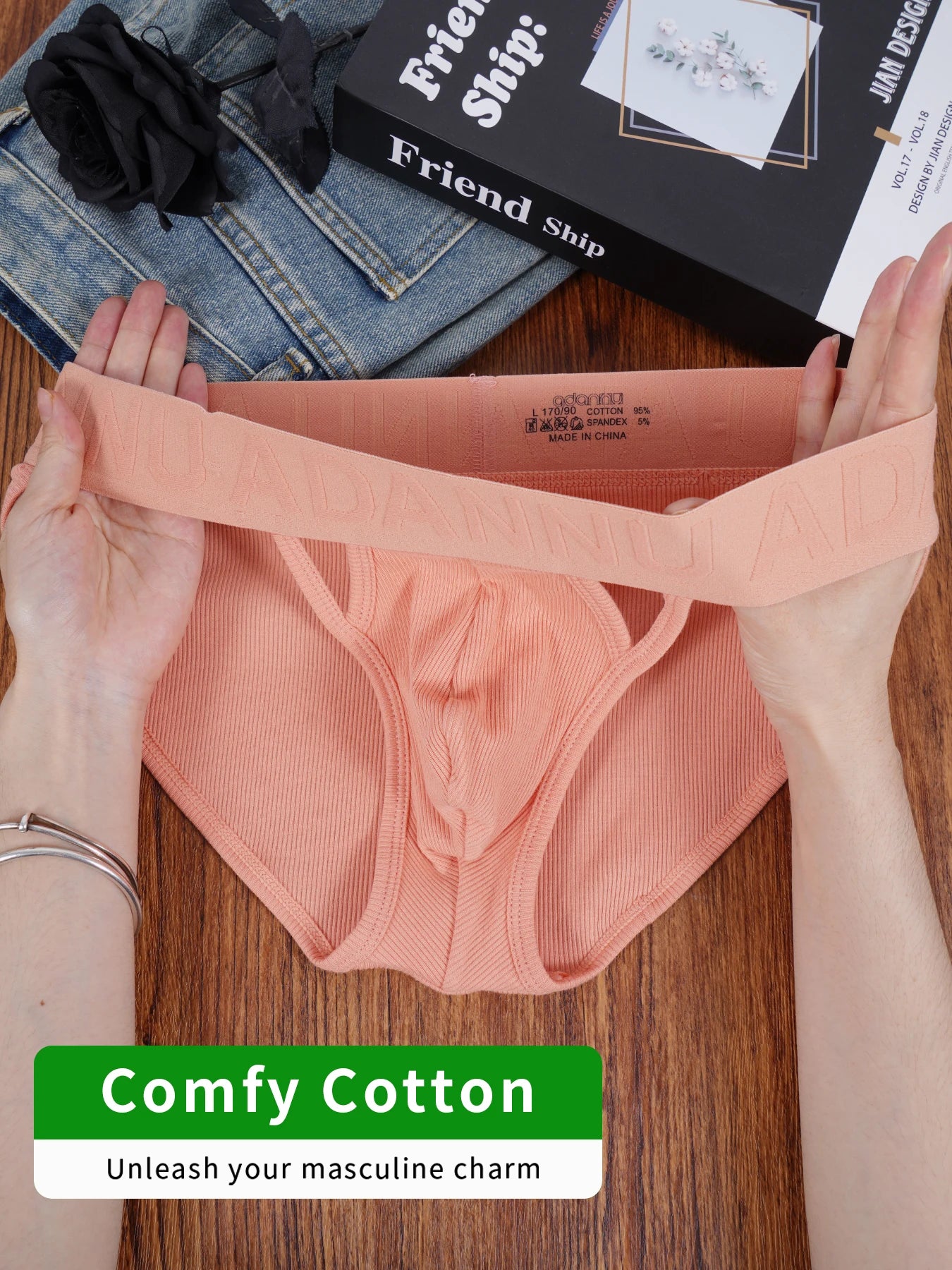 Men's 100% Cotton Ribbed Briefs U Convex Pouch Embossed Elastic Waistband Soft Skin-Friendly Breathable Underwear