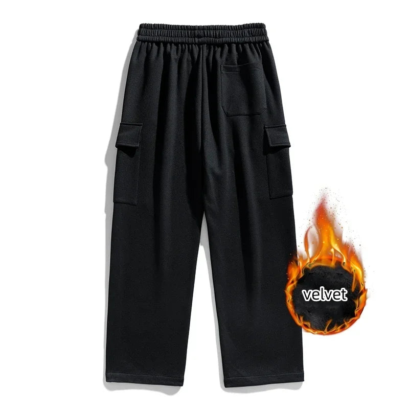 Winter Velvet Fleece Sweatpants Men Baggy Joggers Cargo Pants Neutral Breathable Loose Outdoor Solid Color Wide Legged Trousers