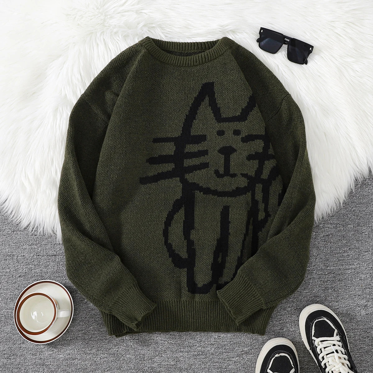 Autumn and Winter Abstract Kitten Jacquard Pattern Pullover Sweater Casual Round Neck Knitted Men's Pullover
