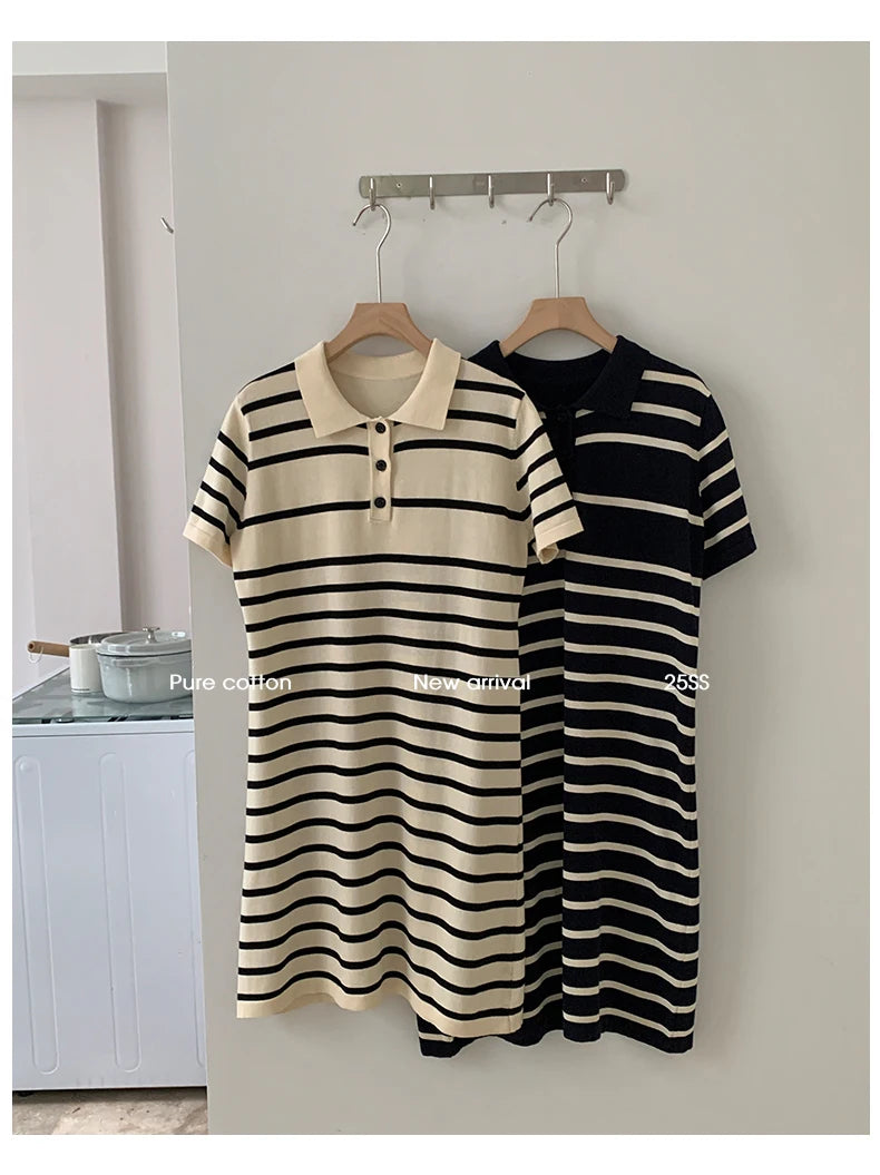 new Korean striped dress for women's summer, pure cotton straight tube mid length skirt