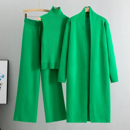 2025 Autumn Winter Women Long Cardigan 3 Piece Set Knit Pants High Neck Vest Wide Leg Trousers Outfit