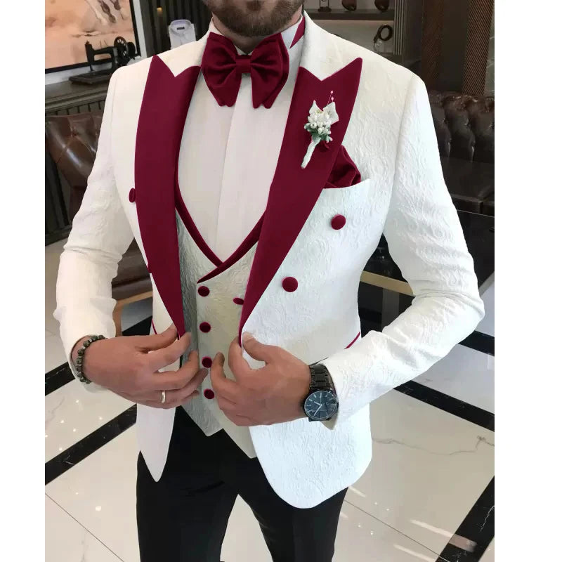 Floral Wedding Suits for Men Double Breasted Jacket with Vest Pants 3 Pieces Peak Lapel Groom Tuxedo Male Fashion Suit