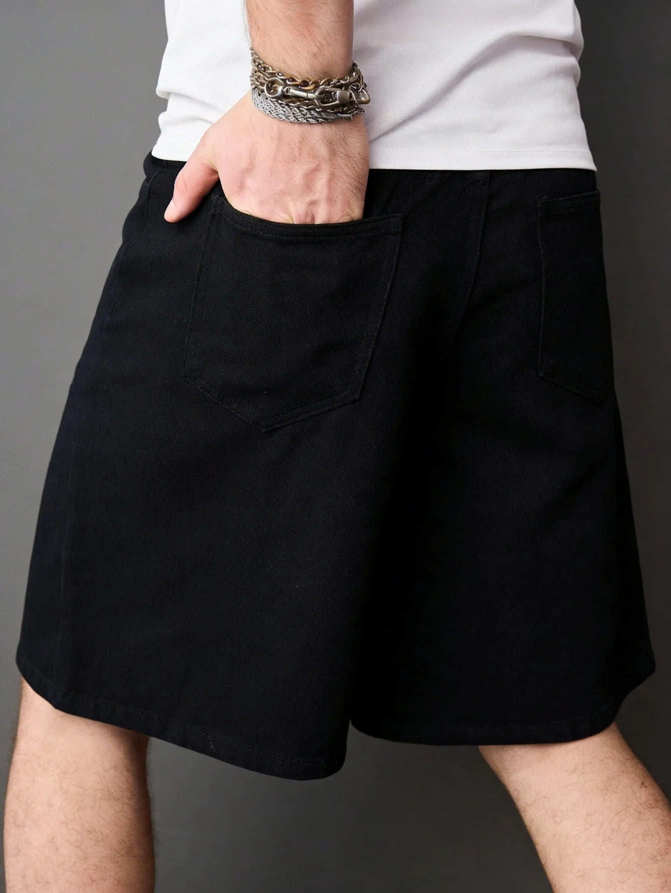 Men everyday wear black non stretch denim jorts loose casual solid color stylish comfortable short pants