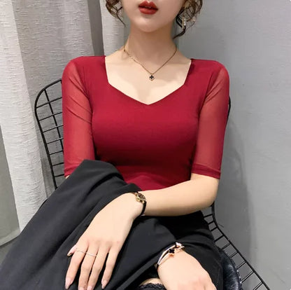 Autumn Winter Round Neck T shirt Women Sexy Mesh Bottoming Shirt Long Sleeve Solid Color Slim Fit Long Sleeve Casual Tops