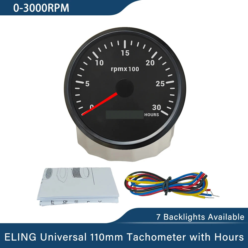ELING 110mm Tachometer 0-3000 0-4000 0-6000 0-7000 0-8000 RPM LCD Hour Meter with 7 Colors Backlight for Car Boat Yacht 9-32V