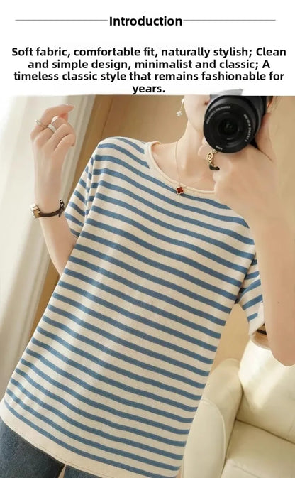 100% Pure Cotton Summer Stripe Short Sleeve T-Shirt Women Loose round Neck Vest Cotton Linen Half Sleeve Commute Style Simple