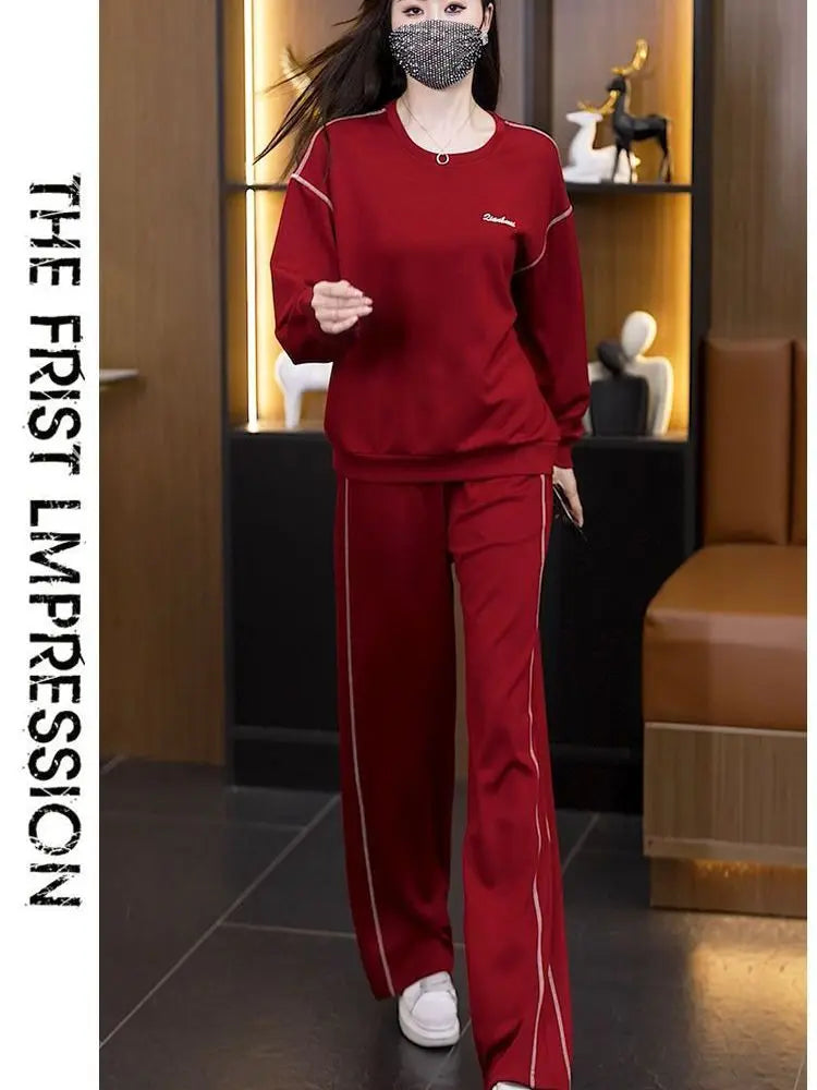 Ladies Large Size Cotton Embroidered Sportswear Set Casual Long Pants Two-Piece Fashionable Outfit for plus Size Women