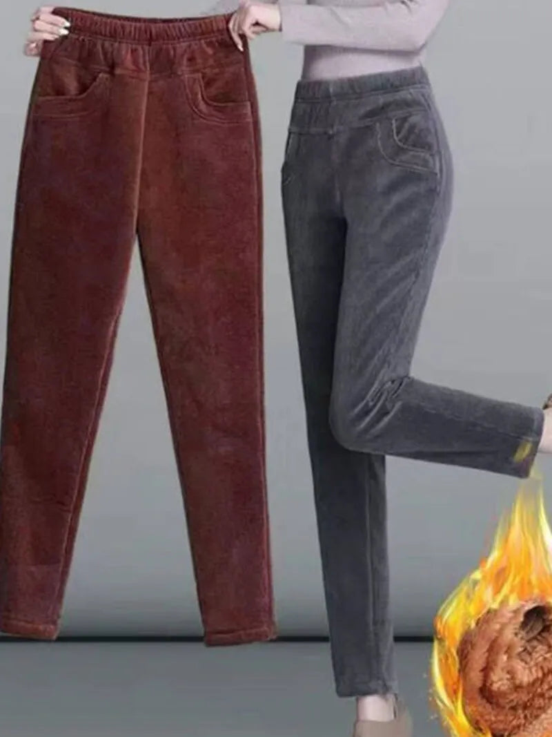Thickened Fleece Corduroy Pants High Waist Harlan Style Winter 2024 New Women's Casual Trousers Elastic Waist Pocket Detail