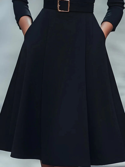 Autumn and winter temperament commuting waist slimming V-neck long-sleeved A-shaped medium-long belt skirt for women