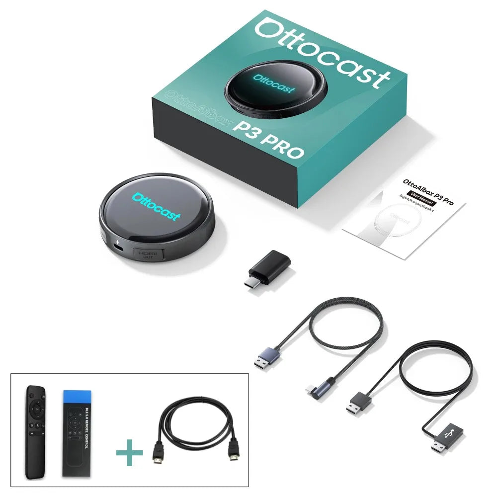 OTTOCAST P3 Pro Android Car Box Smart Car System for Car with AI Voice Assistant Cloud SIM 4G Dual Screen Fast Wireless Connecti