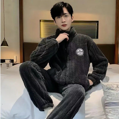 2026 New Coral Fleece Sleepwear Men's Fashionable Warm Flannel Spring Autumn Winter Thickened Outdoor Wear Home Clothes