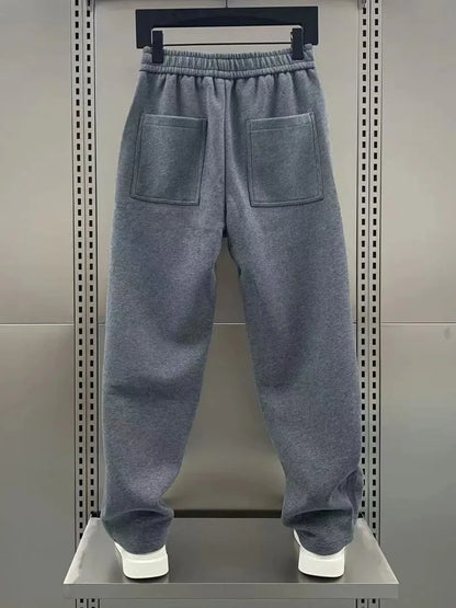 Men's Straight Leg Fleece Lined Thickened Casual Sports Pants Autumn Winter Pure Color Versatile Loose Fit Trousers