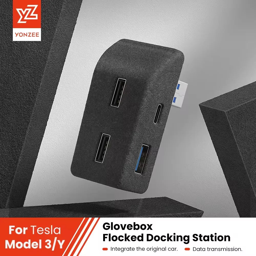 YZ Glove Box Docking Station For Tesla Model 3 Y Juniper Highland Quick Charger 4 USB Shunt Hub Flocking Adapter Powered Splitte