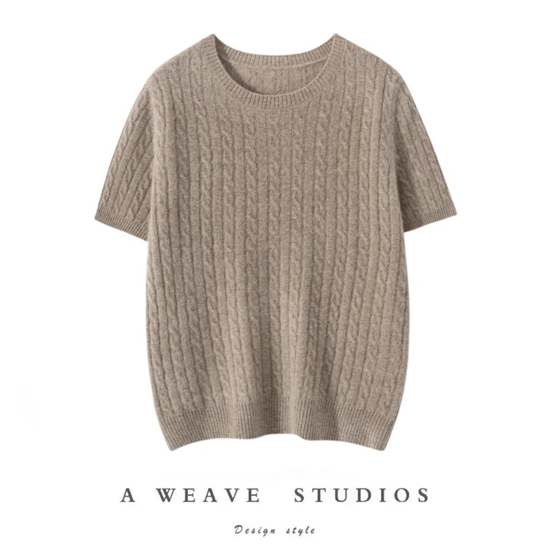 100% Pure Cashmere Fried Dough Twists Round Neck Solid Short Sleeve Women's High Quality Luxury Pullover Sweater Spring Autumn