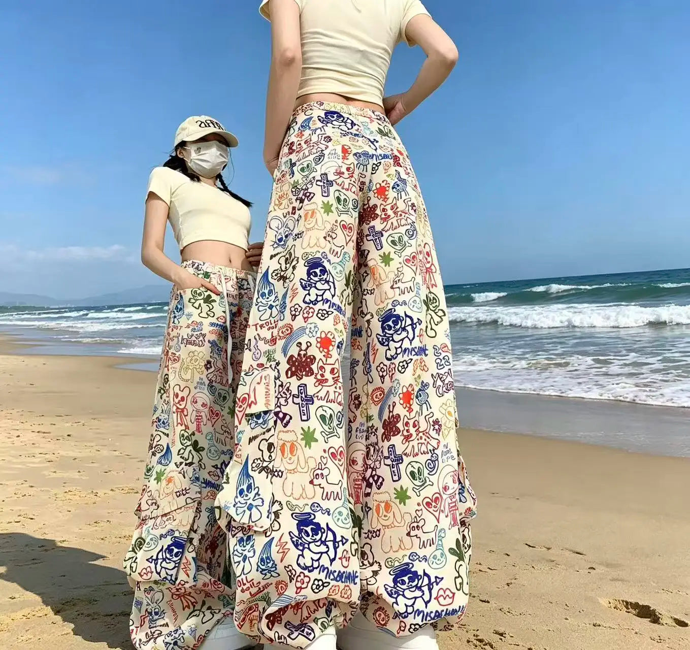 Y2K Cartoon Graffiti Wide Leg Pants - Colorful Print Drawstring High Waist Loose Streetwear Trousers for Women