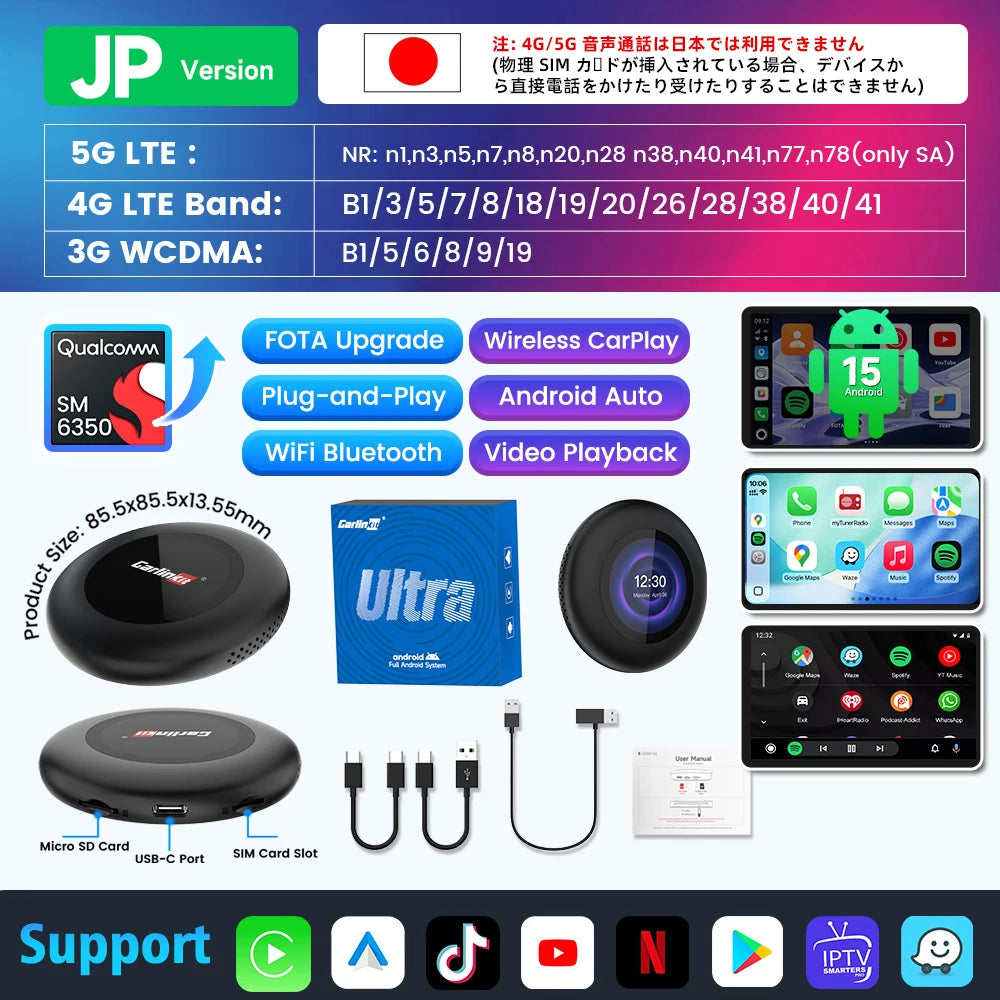 Carlinkit Ultra3 Android Tv Box Android 15 Wireless Carplay Adapter QCM6350 Smart Car Ai Box Carplay For Netflix Youtube 5G LTE