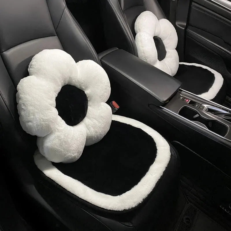 Winter New Cartoon Plush Car Cushion Simple Black White Thickened Anti Slip Women's Auto Seat Pad Cute Interior Modification