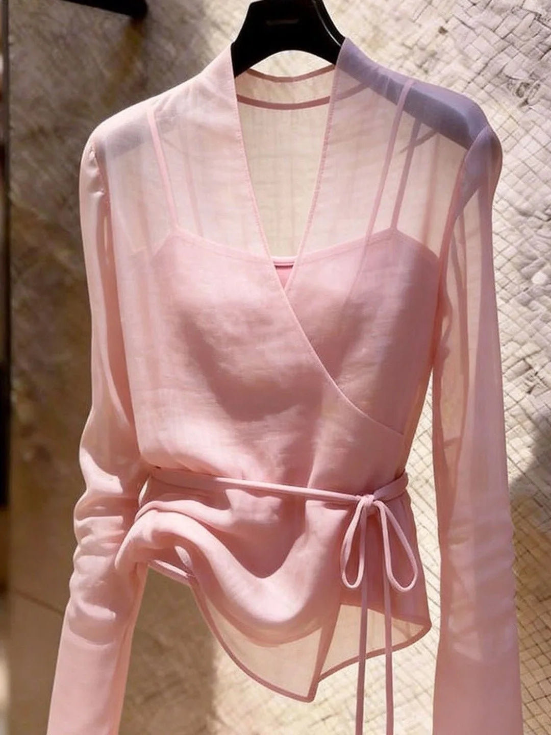 Gray Long Sleeve V-Neck Tulle Women's Shirt Design Sense Small Audience Fashionable Belted Top Commute Style Polyester