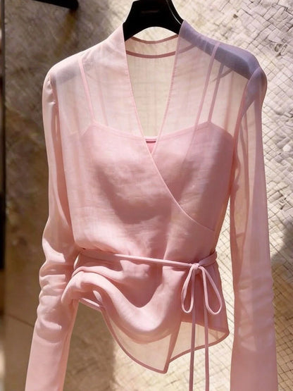 Gray Long Sleeve V-Neck Tulle Women's Shirt Design Sense Small Audience Fashionable Belted Top Commute Style Polyester