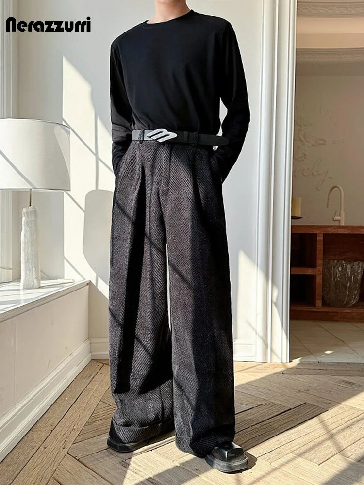 Nerazzurri Spring Autumn Long Velvet Wide Leg Pants for Men High Waist Loose Casual Flowy Soft Luxury Menswear Clothing 2026