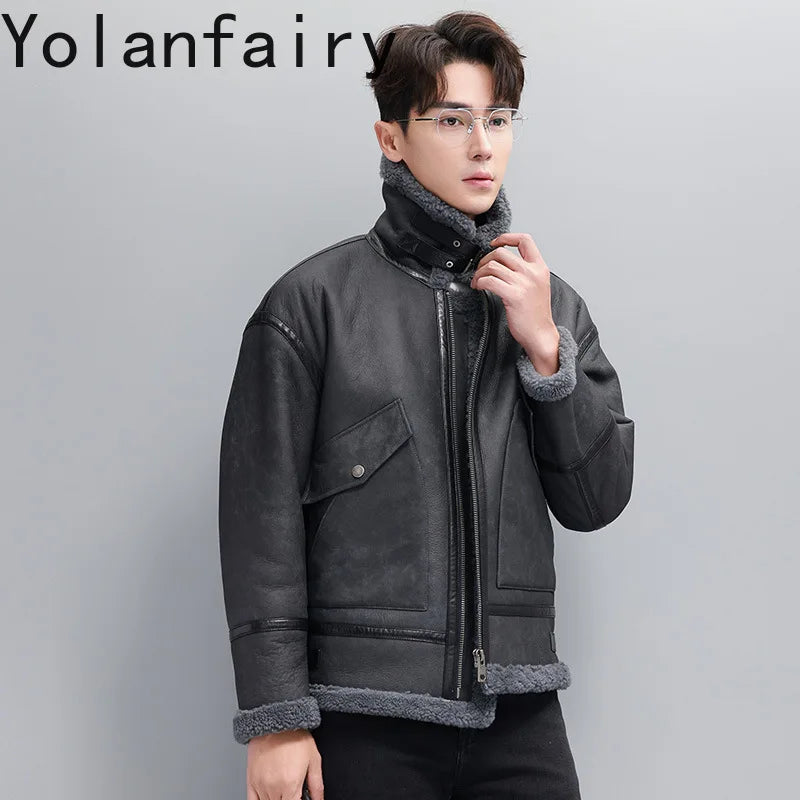 YOLANFAIRY Natural Sheepskin Shearling Coat Men Genuine Leather Jacket Warm Winter Real Lamb Fur Coats and Jackets Outerwear