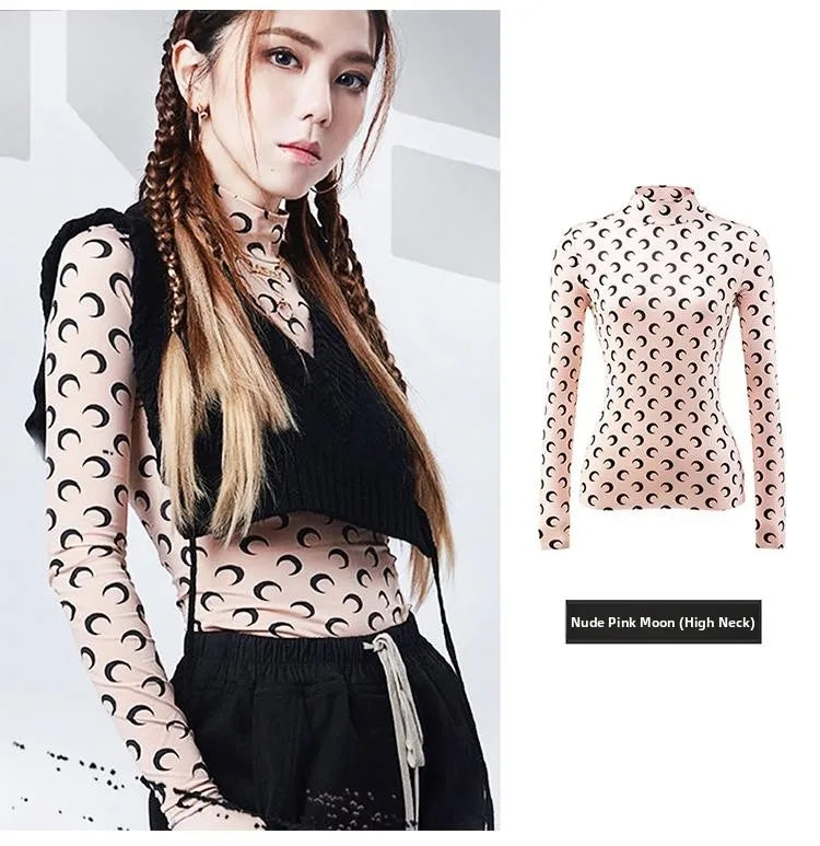 Sweet Two Piece Set Women American Retro Layered Outfit Long Sleeve Moon Print Top Ice Silk Pants Sexy Casual Autumn Fashion
