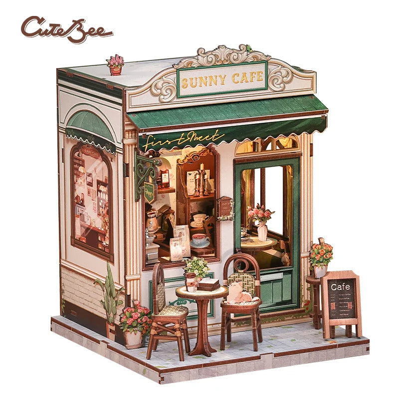 CUTEBEE DIY Book Nook Kit Miniature Wooden Dollhouse with Lights Bookshelf Insert 3D Puzzle Decor Model Sunny Cafe for Kids Gift
