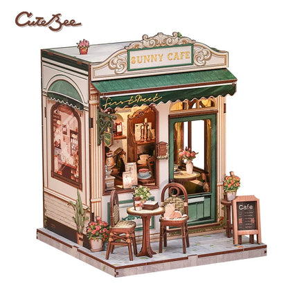 CUTEBEE DIY Book Nook Kit Miniature Wooden Dollhouse with Lights Bookshelf Insert 3D Puzzle Decor Model Sunny Cafe for Kids Gift