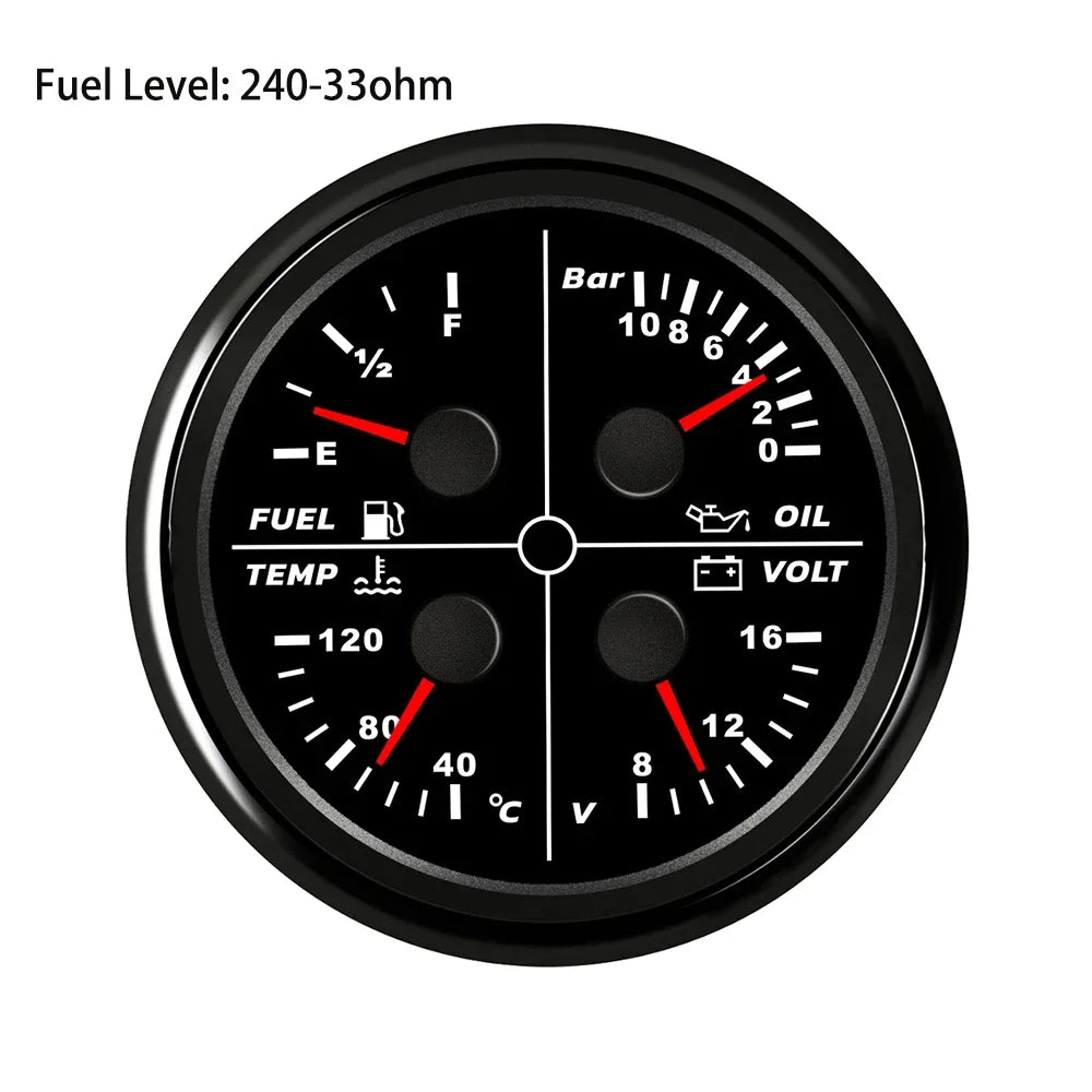 ELING Waterproof Auto Marine 85mm 4 in 1 Gauge Oil Pressure Water Temp Fuel Level Voltmeter for Motorcycle 8-16V